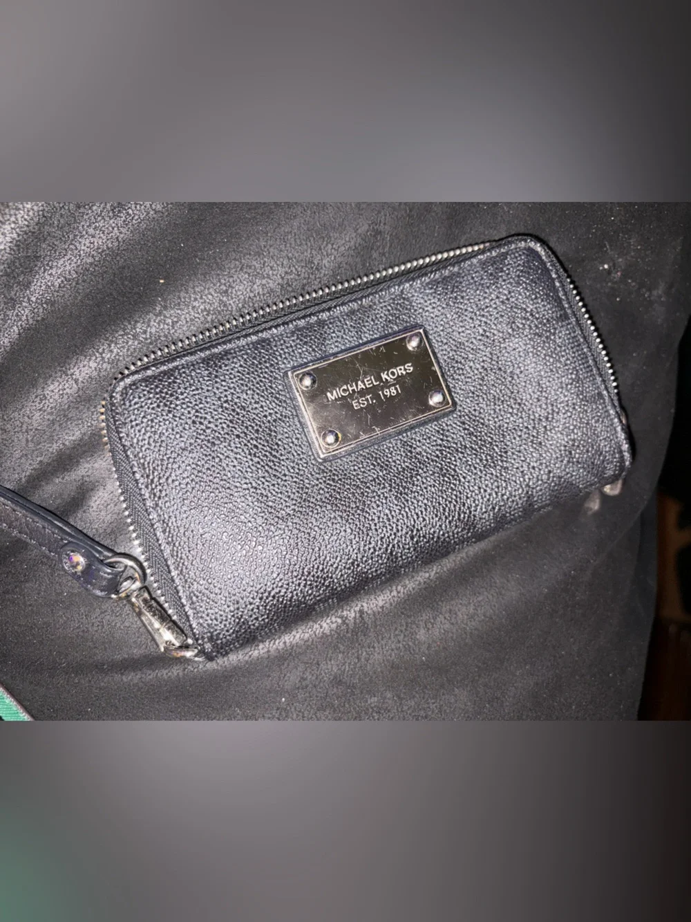 Michael Kors Black Pebbled Leather Zip Wallet with Metal Plaque